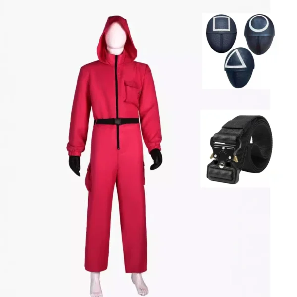 Red Calamari Game Jumpsuit Cosplay Party Tracksuit Outfits Props Role Play Classic Costume From Korean TV Belt Full Mask Set